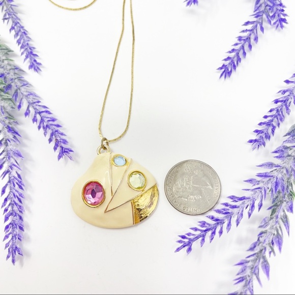 Vintage 80s Retro Enamel Rhinestone Shell Gold Tone Pendant Necklace - Picture 4 of 6
